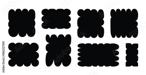 Set of black irregular fluid frames with rounded edges in various shapes and sizes on white background