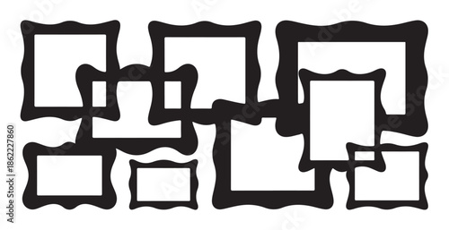 Overlapping black picture frames with wavy borders on white background creating dynamic composition