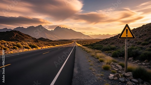 A serene landscape of a road winding through mountains at sunset with a warning sign