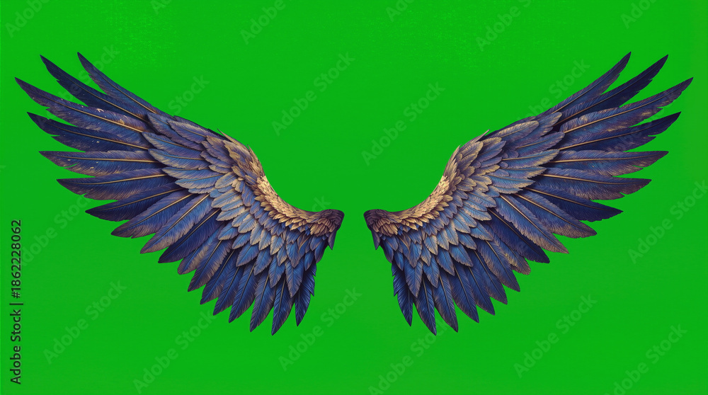 Obraz premium The wings of a bird are displayed against a green background. The image highlights the structure, shape, and colors of the wings, capturing the beauty and complexity of this natural feature