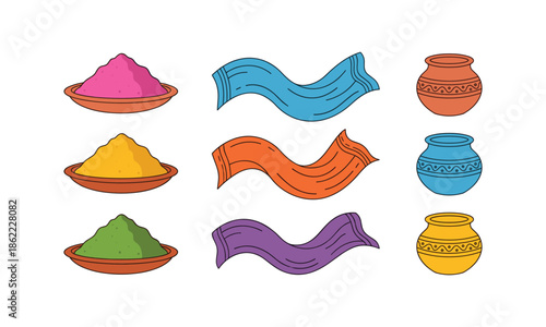 Set Bundle Holi Colors with bowls and shawls for festival celebration