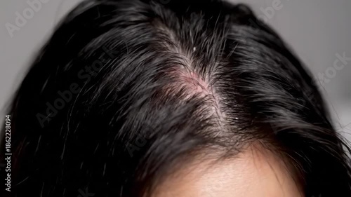 A close up of a scalp with black hair and signs of dandruff, with a hand touching the head