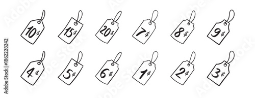 Dollar price tag numbers doodle hand drawn icon set. Outline drawing dollars price tag line clipart symbol. Isolated price tag
