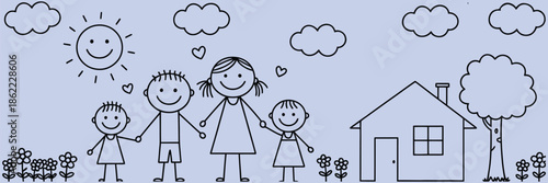 happy cartoon family with house, sun, clouds, and flowers, cute vector art for family values, love, togetherness, greeting cards, kids illustrations, parenting themes, and joyful home life designs.