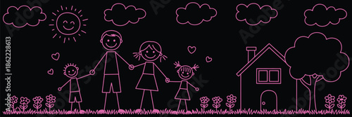 happy cartoon family with house, sun, clouds, and flowers, cute vector art for family values, love, togetherness, greeting cards, kids illustrations, parenting themes, and joyful home life designs.