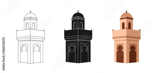 Modern Minaret Architecture Vector Set in Line Art, Black Silhouette and Color Style for Islamic Design, App UI, Posters and Branding
