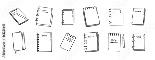 notebook doodle hand drawn icon set. Outline drawing notebooks line clipart symbol. Isolated doodle exercise book