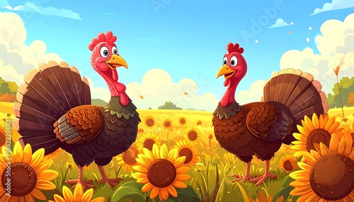 Two cheerful turkeys in a sunflower field on a sunny day.