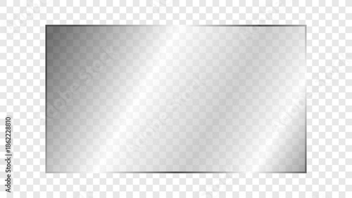 Transparent shiny rectangular glass plate 16:9 ratio. Clear glass panel showcase on a transparent background. Realistic laptop or TV screen light glare or reflection. Vector illustration.