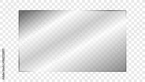 Transparent shiny rectangular glass plate 16:9 ratio. Clear glass panel showcase on a transparent background. Realistic laptop or TV screen light glare or reflection. Vector illustration.