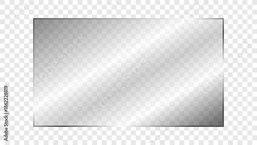 Transparent shiny rectangular glass plate 16:9 ratio. Clear glass panel showcase on a transparent background. Realistic laptop or TV screen light glare or reflection. Vector illustration.