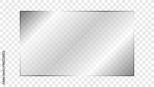 Transparent shiny rectangular glass plate 16:9 ratio. Clear glass panel showcase on a transparent background. Realistic laptop or TV screen light glare or reflection. Vector illustration.