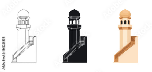 Modern Minaret Architecture Vector Set in Line Art, Black Silhouette and Color Style for Islamic Design, App UI, Posters and Branding