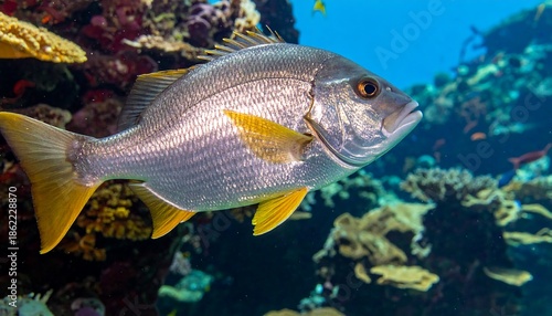 Silver Grunt Fish Swimming in Coral Reef Habitat.