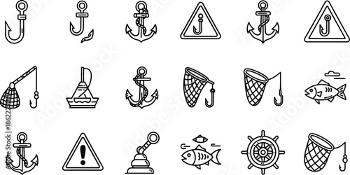 Black and white line of fishing and maritime symbols and line fishing anchor