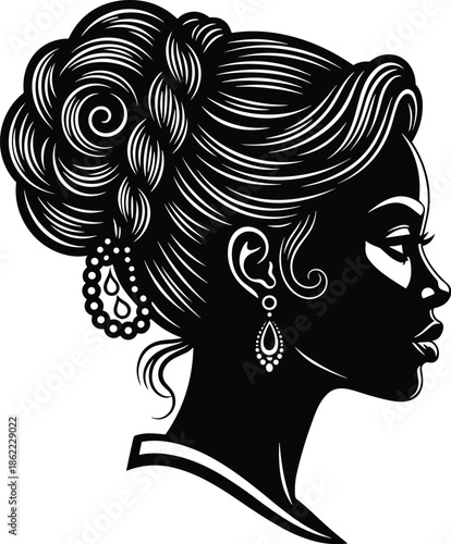 Black and white of a woman with curly hair and large earrings profile