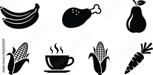 Black and white of bananas corn carrots pear and a cup of coffee