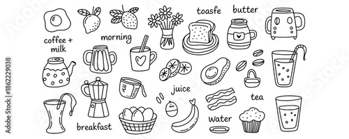 Delicious breakfast icons and food words for cooking and nutrition