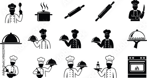 Black and white of chefs and cooking utensils rolling pin
