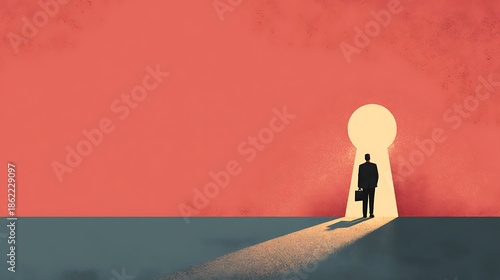 Businessman walking towards keyhole opportunity high resolution image