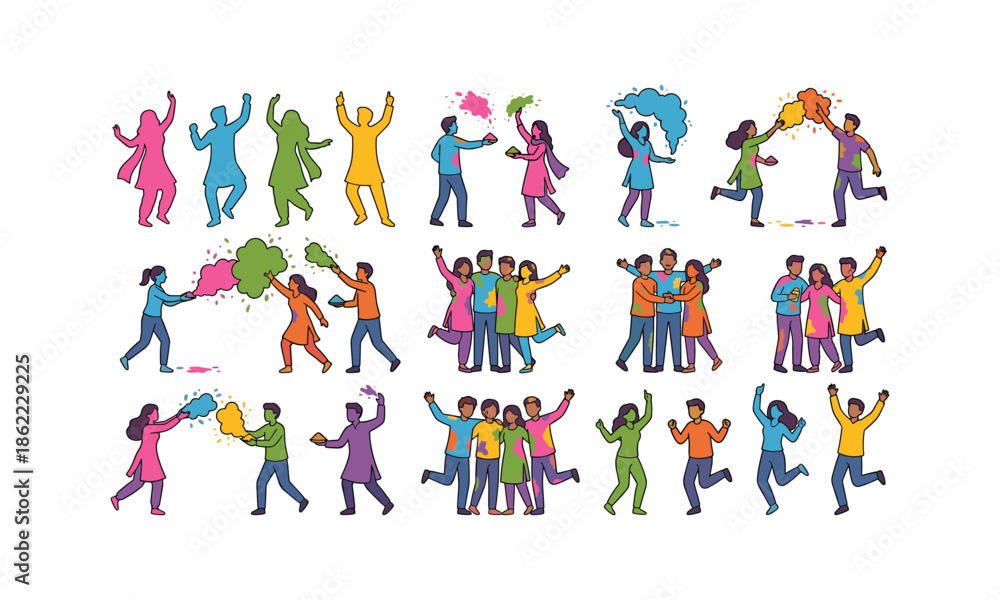 Naklejka premium Set Bundle Holi People with Colors Dancing Together Vector Illustration