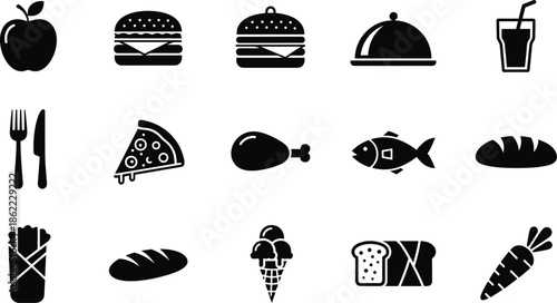 Black and white of various food and utensils apple burger