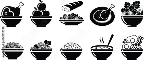 Black and white of various bowls with different foods fruits