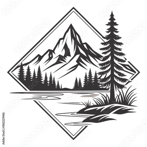 Serene Mountain Reflection in Lake Logo Design for Luxury Outdoor Resorts and Spa Branding