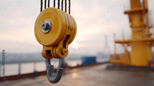Wallpaper Mural A yellow crane pulley system with a hook hangs suspended ready for industrial lifting at dawn Torontodigital.ca