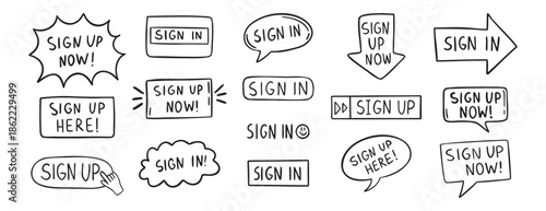 sign up text icon. Sign in doodle hand drawn icon set. Outline drawing line clipart symbol