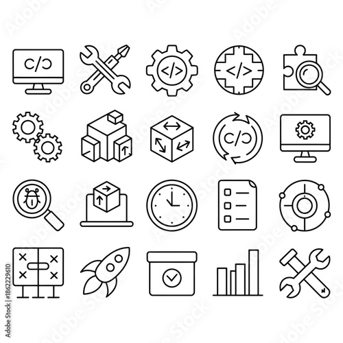 Collection of modern web development and coding icons for software design