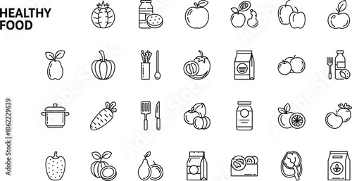 Collection of black and white line representing healthy food and kitchen utensils