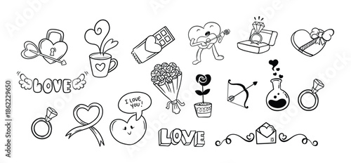 Hand-Drawn Valentine’s Day Elements and Romantic Icons Set