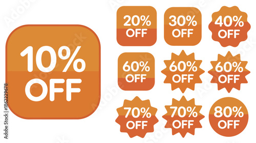 Red sale stickers and badges featuring bold percentage discounts from 10 to 80 percent, promotional vector graphics for marketing banners, retail advertising, seasonal sales, e-commerce promotions, 