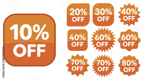 Discount sale badge set in red with percentages from 10% to 80%, bold promotional labels for marketing campaigns, advertising banners, seasonal offers, retail graphics