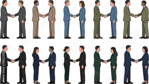 Business handshake characters set showing diverse professional men and women agreement partnership corporate meeting flat vector illustration isolated white background