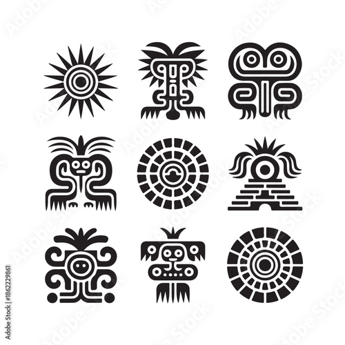 Aztec mayan tribal symbols vector collection glyphs illustration of ancient mexican culture design elements isolated on transparent background