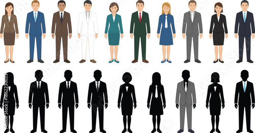 Business people characters and silhouettes set showing diverse professional men and women office outfits flat vector illustration isolated background