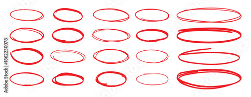 red pen hand drawn doodle marks, red circle and oval stroke set. Outline red drawing line clipart symbol