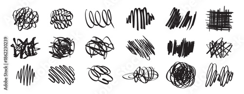  black pen Hand drawn Doodle scrawl. Simple grunge freehand shape. Ink pen scrawl collection - various scribble line drawings. Sketchy elements tangled lines.