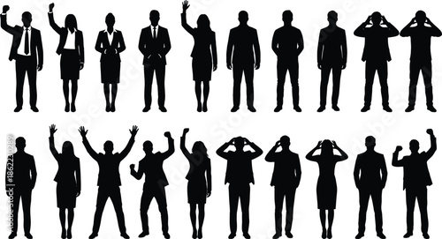 Business people silhouettes set showing emotional gestures success stress celebration professional men women poses vector illustration isolated white background design