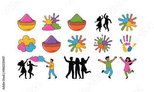 Set bundle holi with powder dance and people silhouette vector design