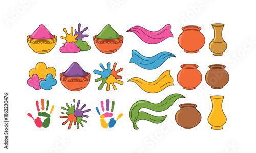 Set bundle holi with powder paint pot scarf and vase vector design
