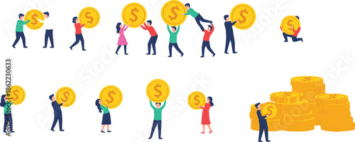 Set of Tiny People Illustrations Carrying and Stacking Large Gold Dollar Coins Representing Financial Growth Wealth Management and Business Success Concepts