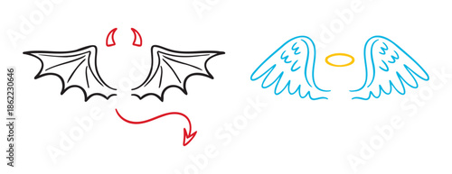 angel and demon wings doodle hand drawn icon set. Outline drawing line clipart symbol collection. good and evil concept