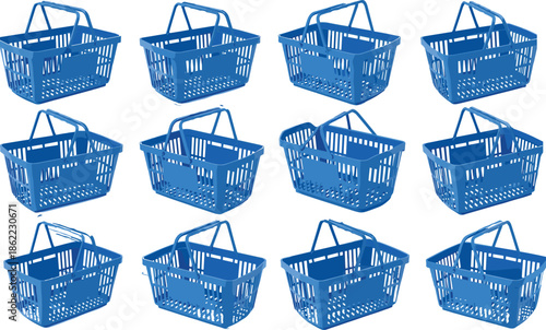 Set of multiple blue shopping baskets in various angles, representing retail equipment, supermarket accessories, consumer purchasing, and commercial store shopping essentials.