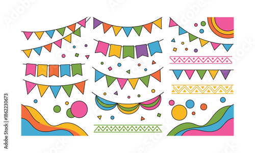 Set bundle holi with garlands and ornaments vector illustration