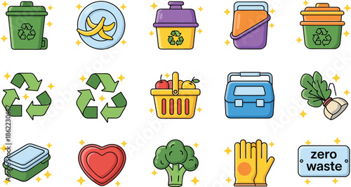 Colorful recycling and zero waste with bananas broccoli and reusable containers