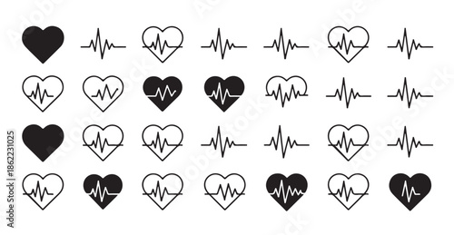 Medical heart beat line set collection icons healthy pulse cardiogram flat design symbols