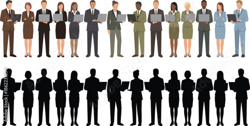 Business professionals holding laptops characters and silhouettes set representing diverse corporate workforce technology teamwork flat vector illustration isolated background